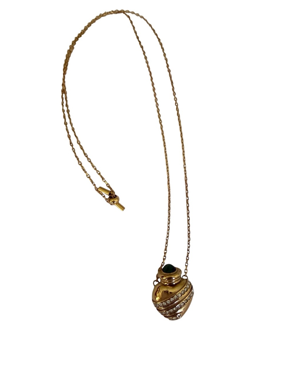 Gold Tone Pendant Necklace with Green Cabochon and Rhinestones - Picture 2 of 4
